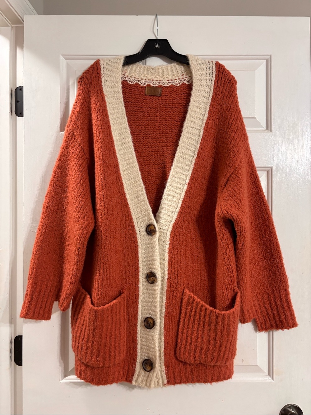 POL Rust Orange Button Cardigan with Cream Trim